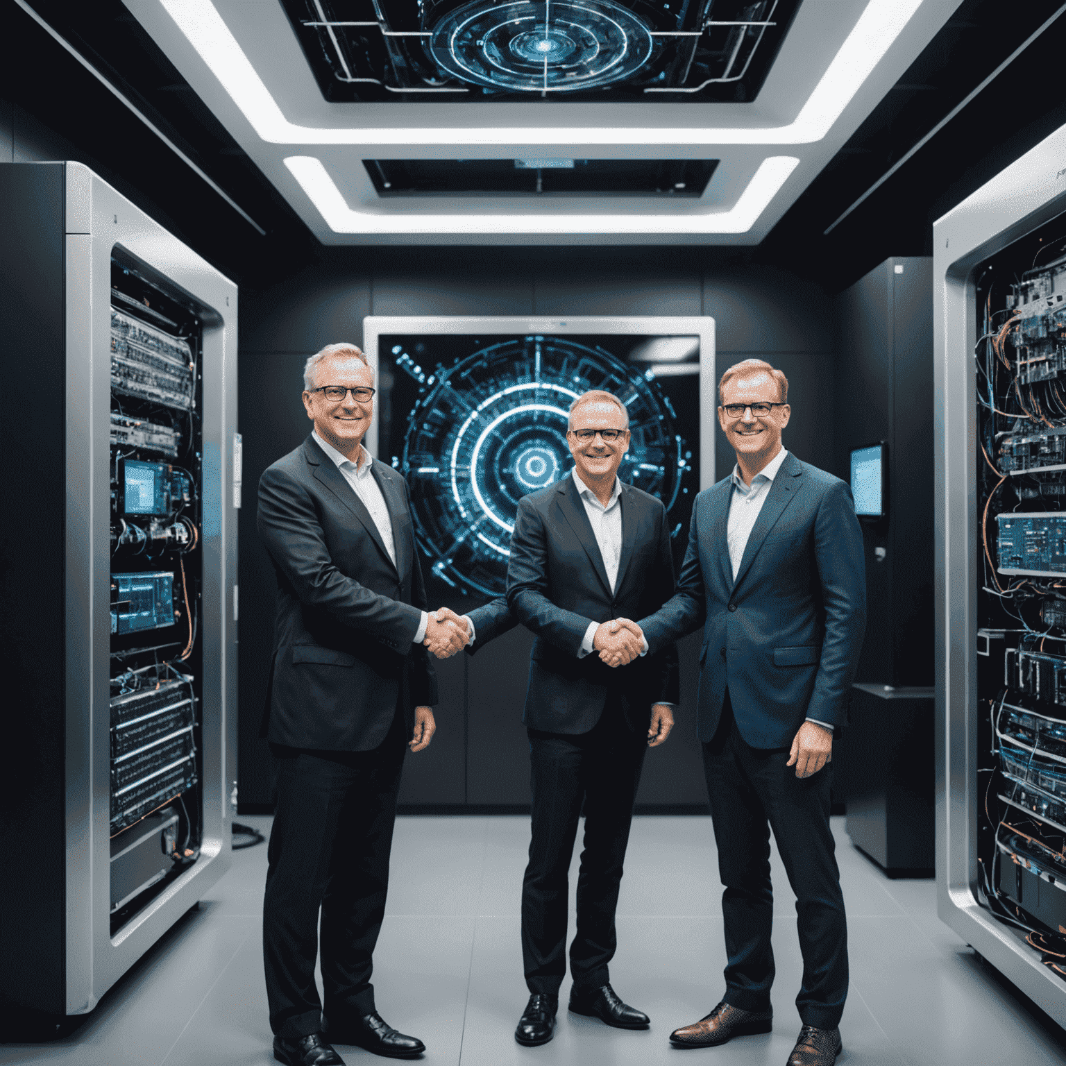 Qulibelics CEO shaking hands with the CEO of a major tech company, symbolizing their new partnership in quantum information science. Both are standing in front of a large quantum computer in a high-tech laboratory setting.