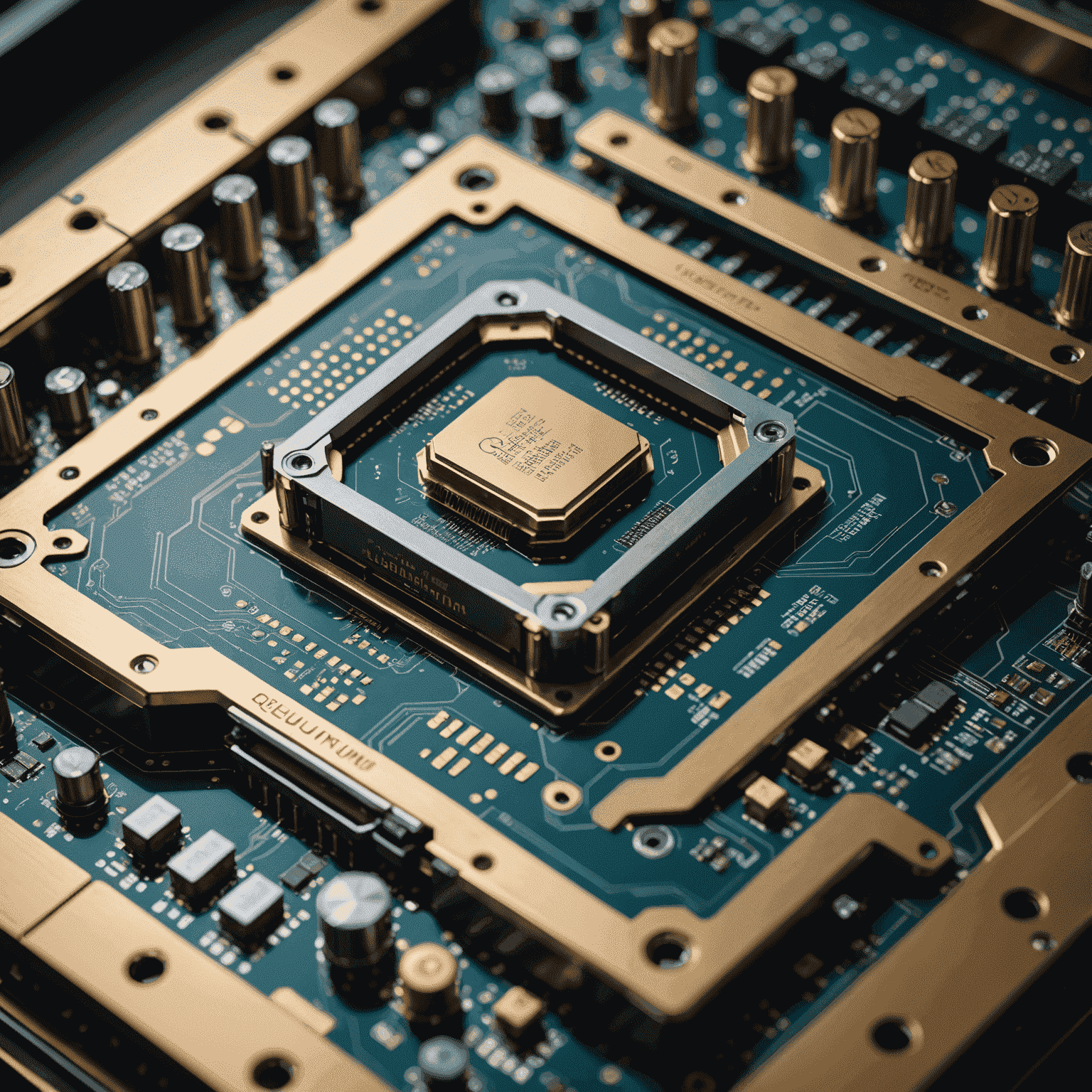 A close-up of a quantum processor with intricate circuitry and cooling systems, showcasing the cutting-edge technology of quantum computing