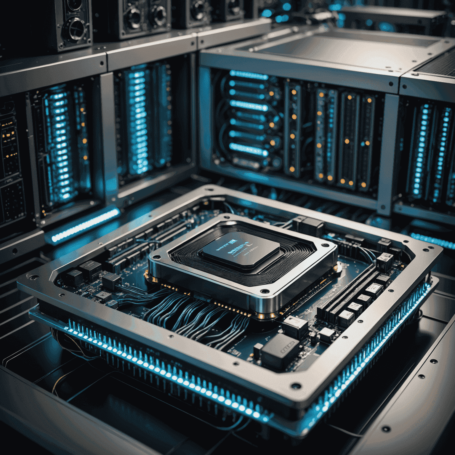 A futuristic quantum computer being integrated with classical computing infrastructure. The image shows a sleek, modern quantum processor connected to traditional servers, symbolizing the seamless integration of quantum and classical systems.