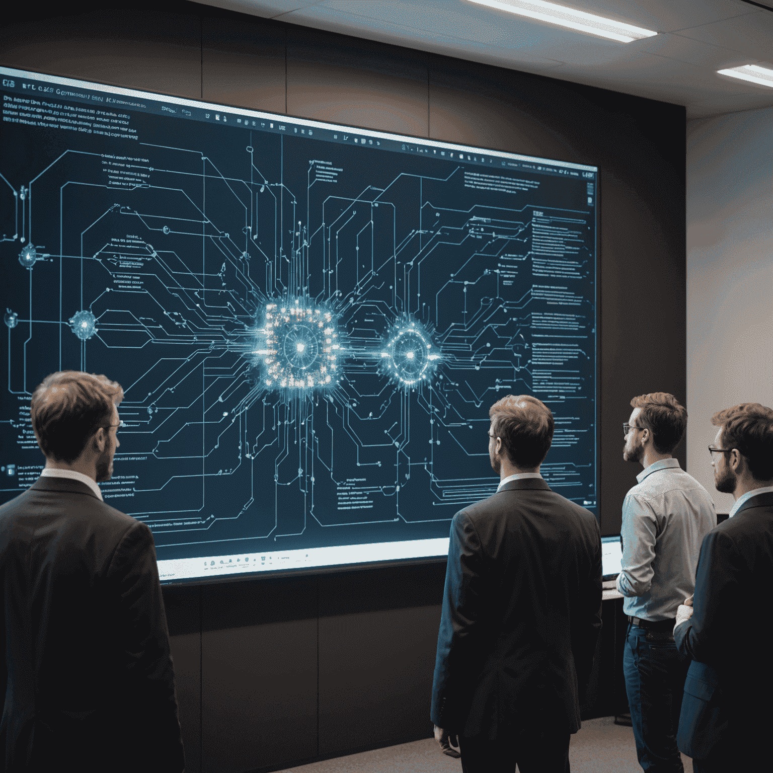 A group of professionals attending a quantum computing workshop, with a lecturer pointing at a large screen displaying complex quantum circuits and algorithms