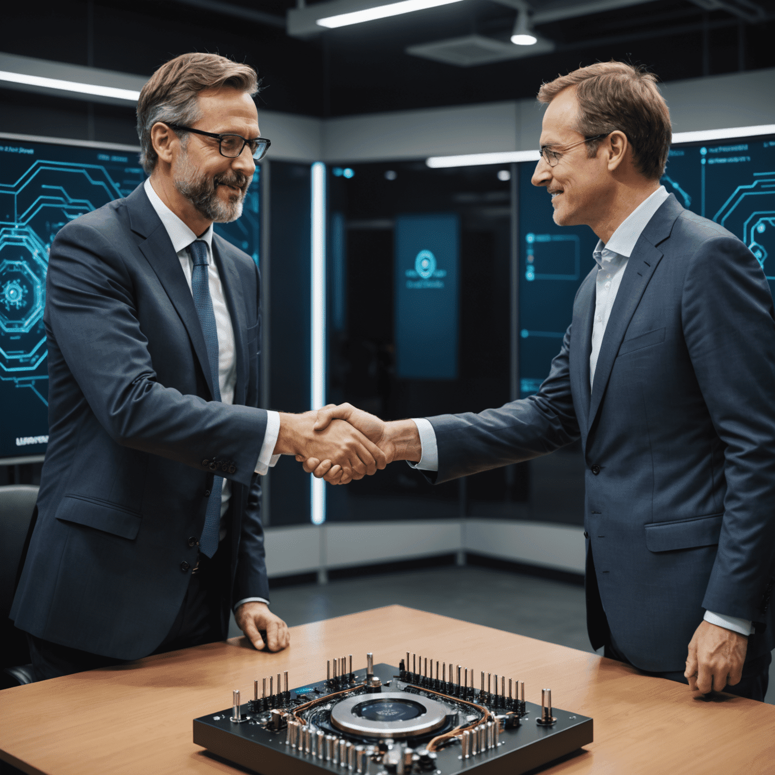 Handshake between Qulibelics representative and tech giant CEO, with quantum computer in background