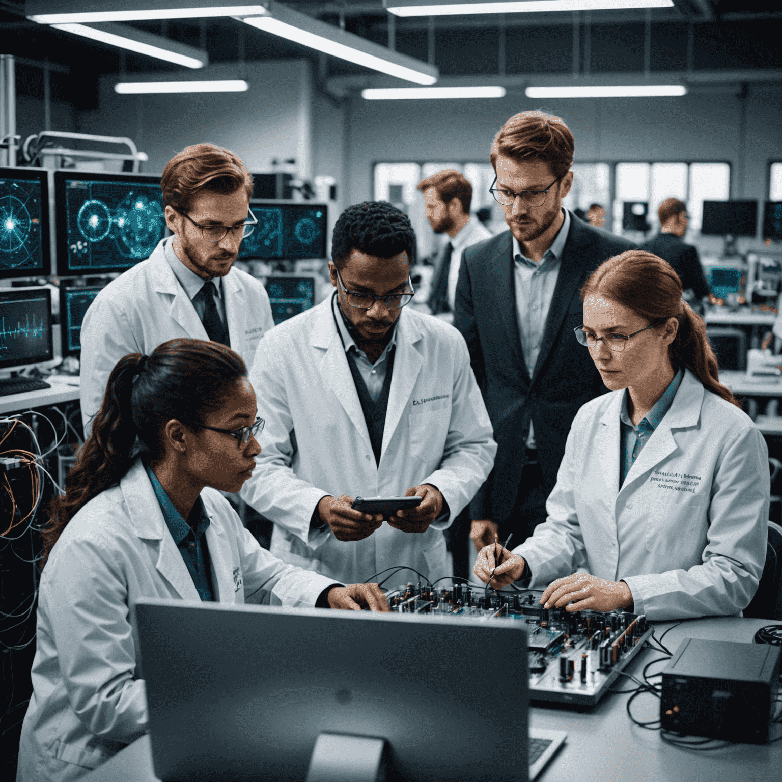 A team of diverse scientists and engineers working on quantum computers and discussing machine learning models in a high-tech laboratory setting