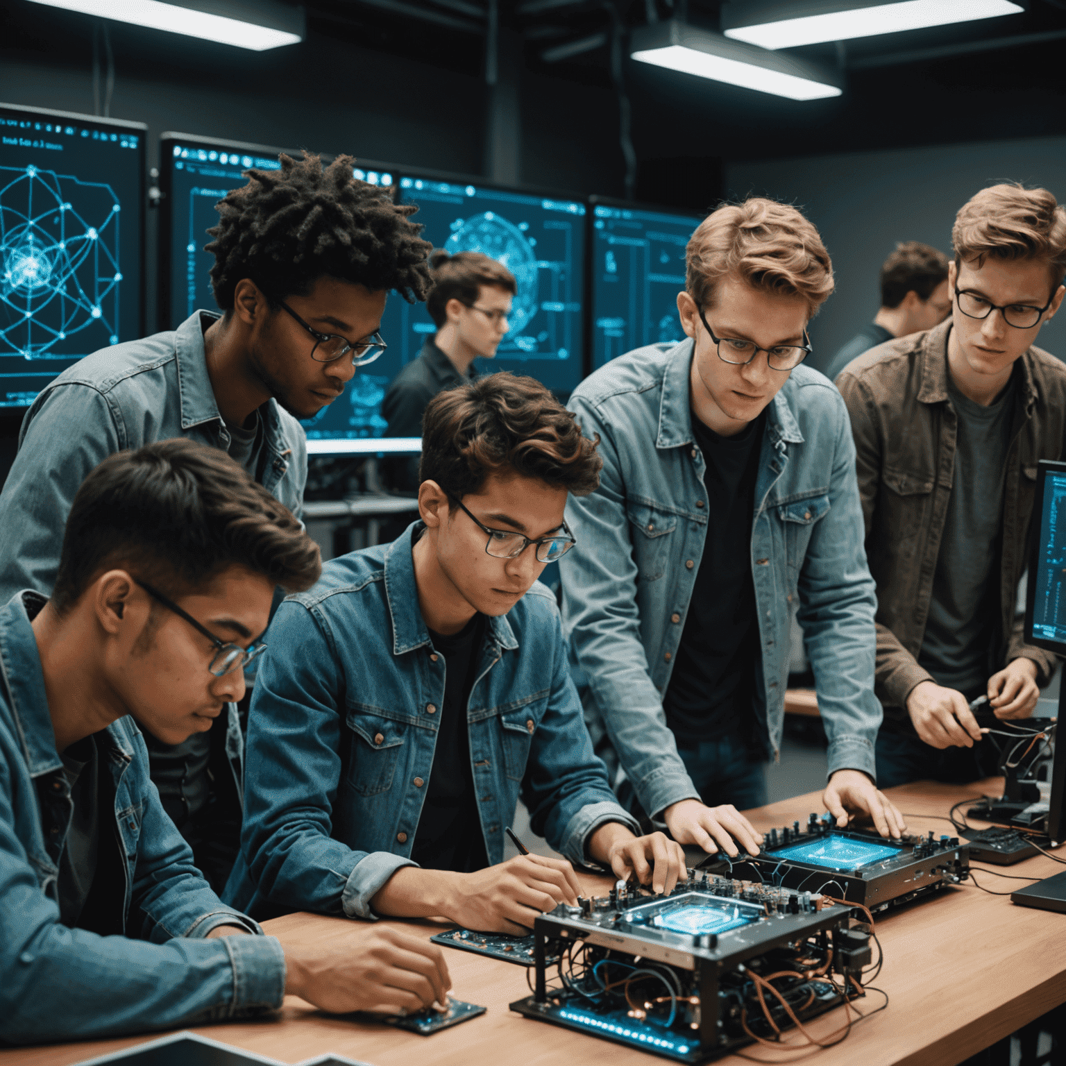 A diverse group of students working on individual quantum computing setups, with holographic displays showing quantum states and operations