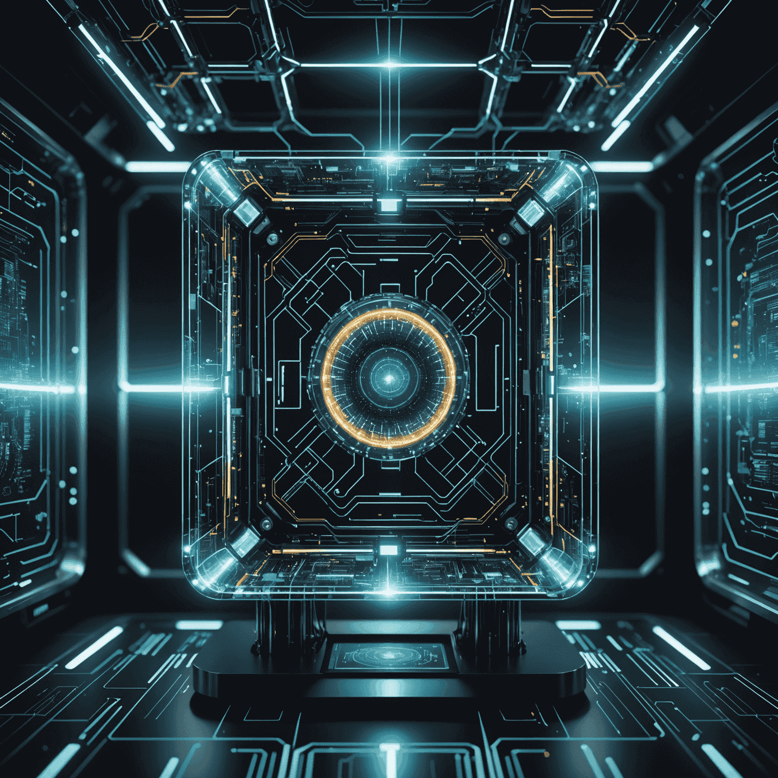 Futuristic representation of a quantum computer integrated with AI, showing holographic displays of complex algorithms and data visualizations