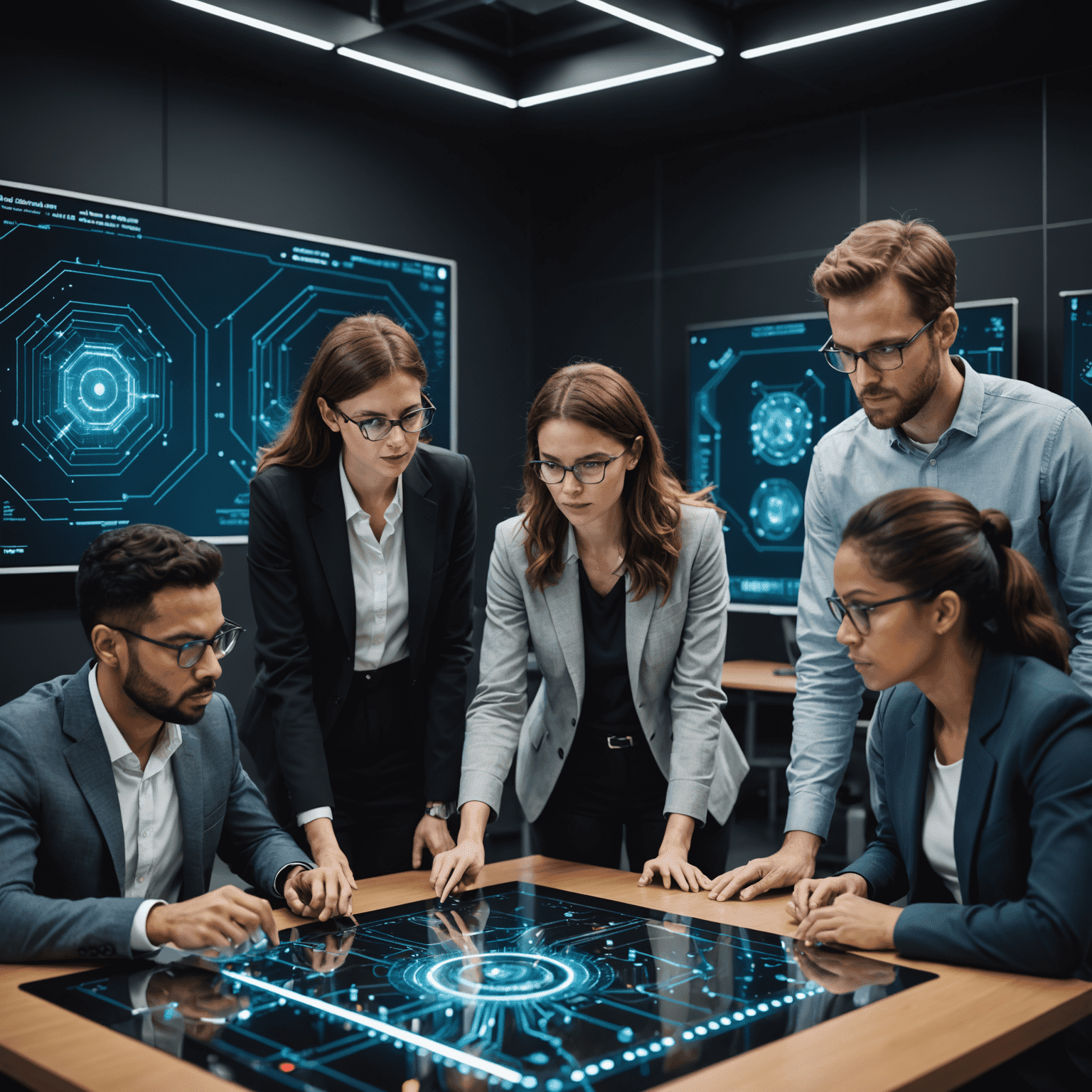 A diverse group of professionals engaged in a quantum computing training session, with holographic displays of quantum circuits