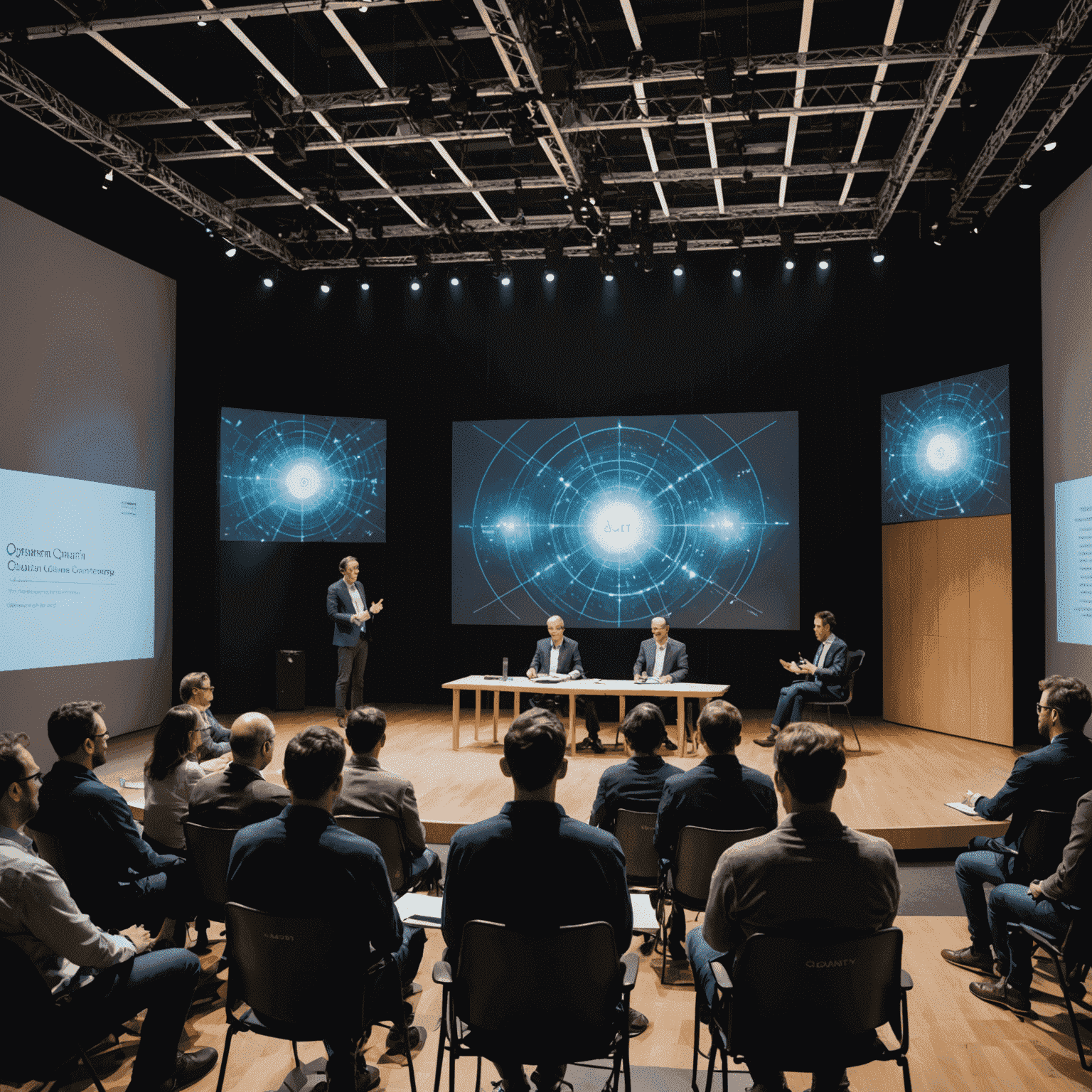 A panel of diverse quantum computing experts giving a presentation, with 3D projections of quantum concepts floating above the stage