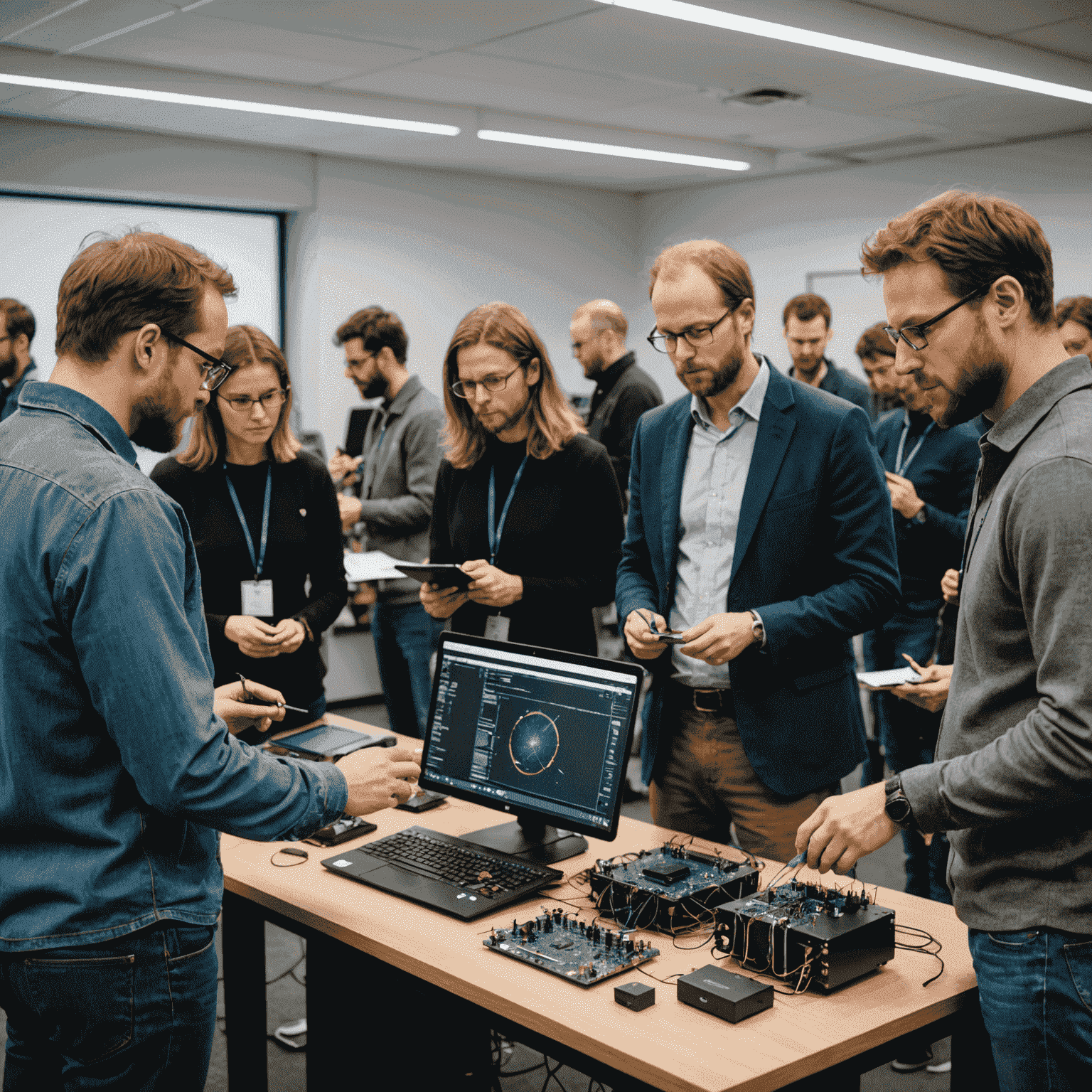 Image depicting a quantum computing workshop with professionals engaged in hands-on learning with quantum simulators and educational materials